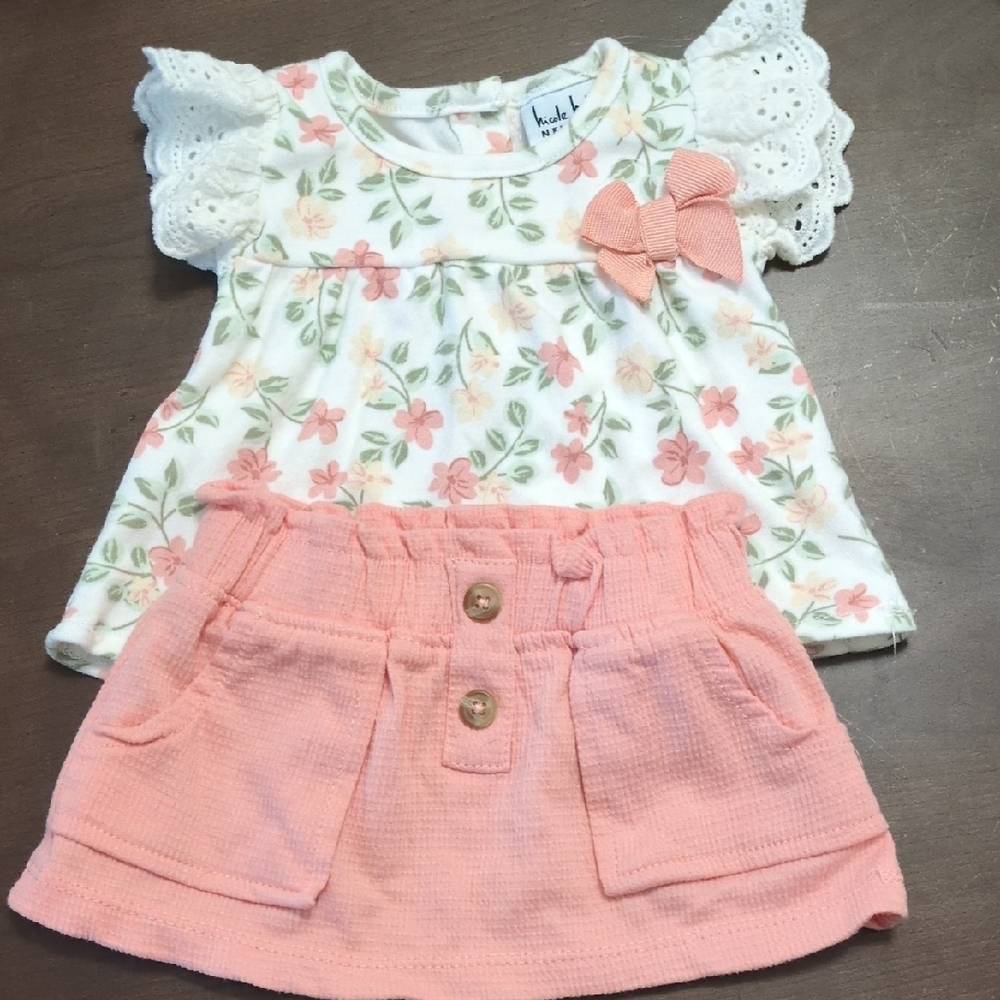 Nicole Miller Floral Top with Lace Trim And Matching Skirt, 0-3M